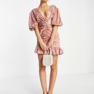 ASOS DESIGN velvet flocked spot mini dress with puff sleeve and belt in pink